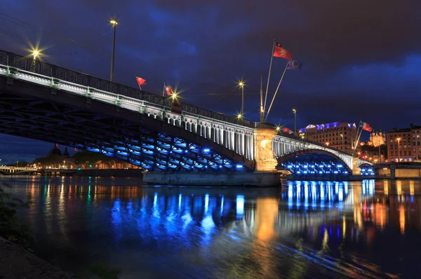 Cityscape Illuminated Bridge Rhone River Lyon Dusk — стокове фото