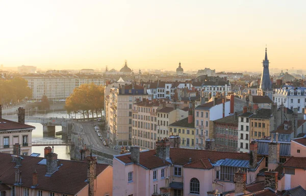 Salida Del Sol Otoño Sobre Vieux Lyon Croix Rousse Ciudad — Foto de Stock