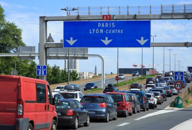 LYON, FRANCE - JULY 29, 2017: A7, autoroute du soleil, in Lyon during black satureday with light traffic. clipart
