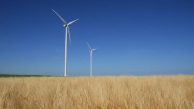 Two modern wind turbines generating sustainable energy in a field with wheat.