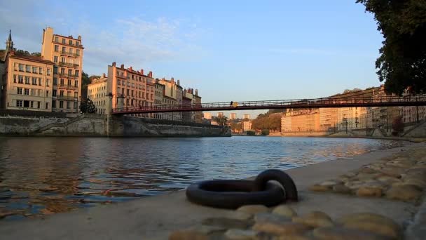 Pedestrians Walking Old Footbridge Saone River Sunrise Lyon France — Stock Video