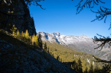 İsviçre Valle Vergeletto 'daki dağlarda sonbahar ve taze kar..