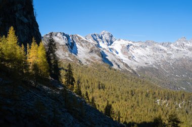İsviçre Valle Vergeletto 'daki dağlarda sonbahar ve taze kar..