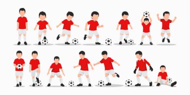 Çeşitli hareketlerdeki genç futbolcuların dinamik çizimleri futbol topuyla poz veriyor, enerji ve coşku sergiliyor