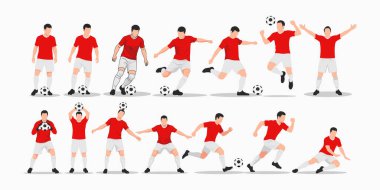 Futbolcuların farklı pozlarda toplanması çeşitli futbol hareketleri ve hareketleri sergiliyor