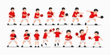 Çoklu dinamik pozlarda masa tenisi oynayan genç bir çocuğun canlı çizimi, enerji ve atletizm gösterisi