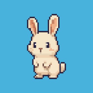 Mavi arka planda sevimli pikselli sanat tavşanı, oyun ve tasarım projeleri için mükemmel.