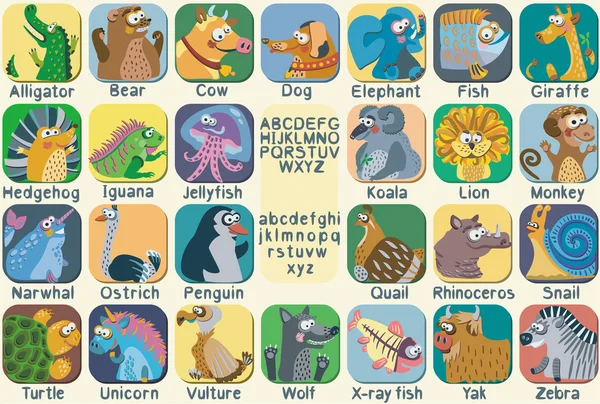 Alfabeto del zoológico de color vectorial con animales lindos . — Vector de stock