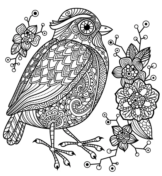 Окраска страницы с птицей и цветами . — стоковый вектор