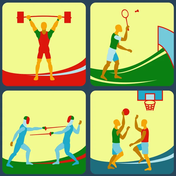 A set of four icons a sports theme. Fencing, badminton, basketball, weightlifting — Stock Vector