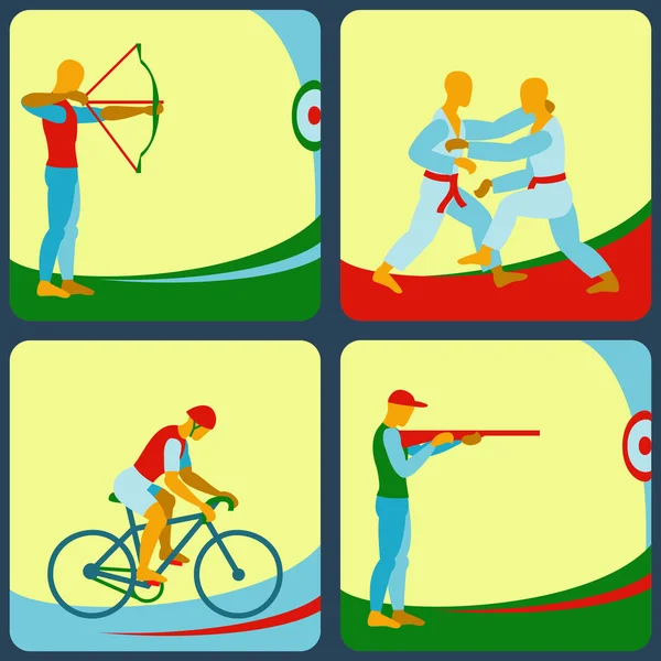 Ikoner för olika sporter. Bågskytte, luftgevär, skytte, judo, Cykling. — Stock vektor