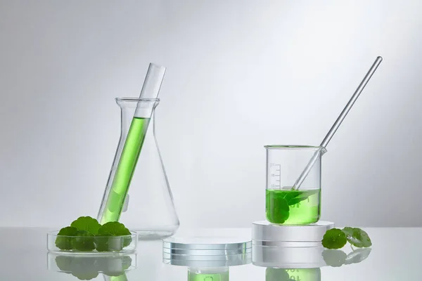 Scientific Experiment Centella Asiatica Extract Empty Podium Glass Cosmetic Bottle — Stock Photo, Image