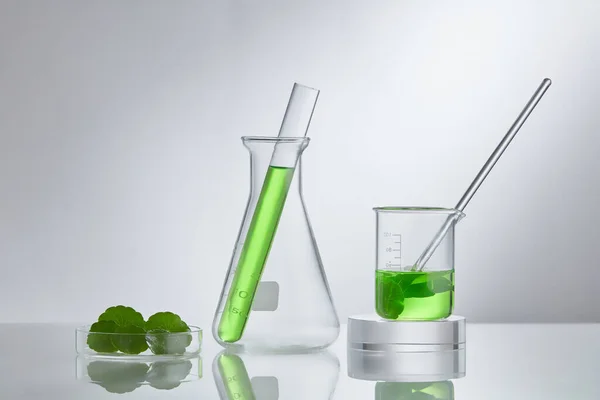 Scientific Experiment Centella Asiatica Extract Empty Podium Glass Cosmetic Bottle — Stock Photo, Image