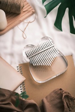 Kalimba veya mbira, Afrika kökenli bir müzik enstrümanıdır. Metalli cam Kalimba, ellerinle oyna ve parmaklarınla dişlerini kopar. Klasik tarz konsept. Üst Görünüm
