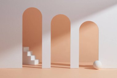 Soyut kompozisyon, geometrik nesnelerle arka plan, podyum, merdiven, renk topu ve duvardaki gölge.