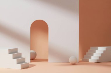 Çağdaş merdivenler. Asgari mimari elementlere ve kemerlere sahip soyut geometri posterleri.