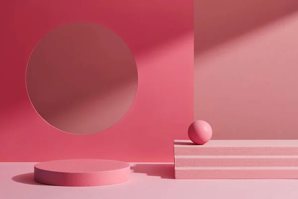 Pódium Rosa Sobre Fondo Color Rosa Para Producto Concepto Mínimo — Foto de Stock