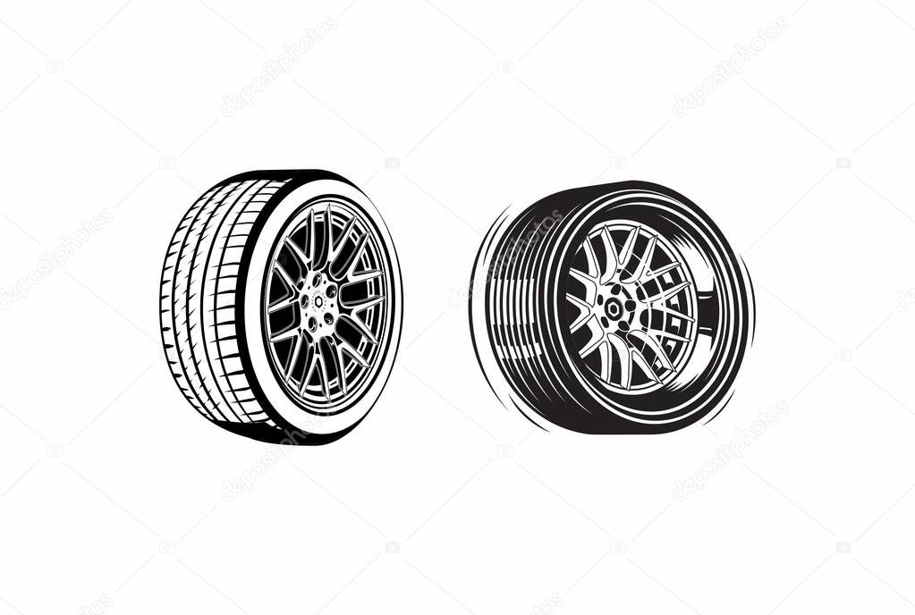 wheel car black and white This illustration is perfect for screen printing and stickers or logos