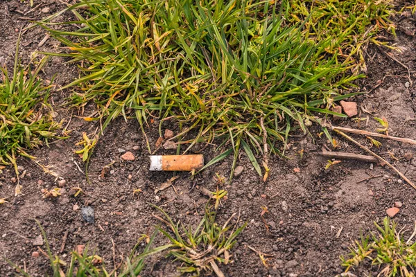 As pontas de cigarro viradas são o produto residual mais comum em todo o mundo e um enorme problema de resíduos perigosos — Fotografia de Stock