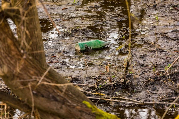 Une bouteille en verre vert a été jetée dans l'espace naturel et pollue notre environnement — Photo