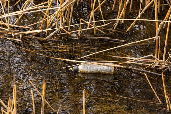 Пластиковая бутылка была выброшена и медленно гниет в водоеме. — стоковое фото
