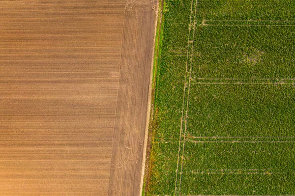 ドイツ南部の緑のフィールドの横に茶色の耕地を有する耕地は 上記から撮影 — ストック写真