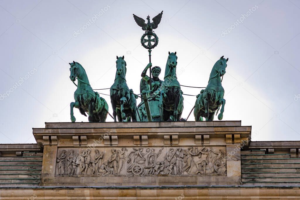 The Quadriga statue on top of the Brandenburg Gate in the German capital Berlin