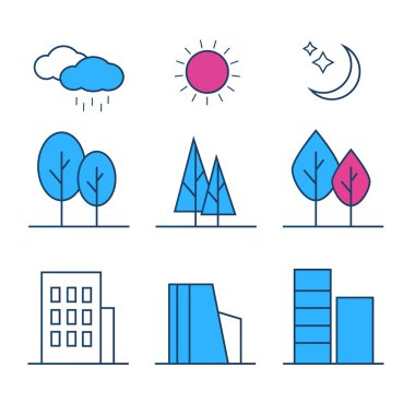Doğrusal peyzaj öğeleri Icons set. Ağaçlar, çiçekler, çalılar, su dalgaları, bulut, taşlar, satır çimen, bitki içinde düz stil