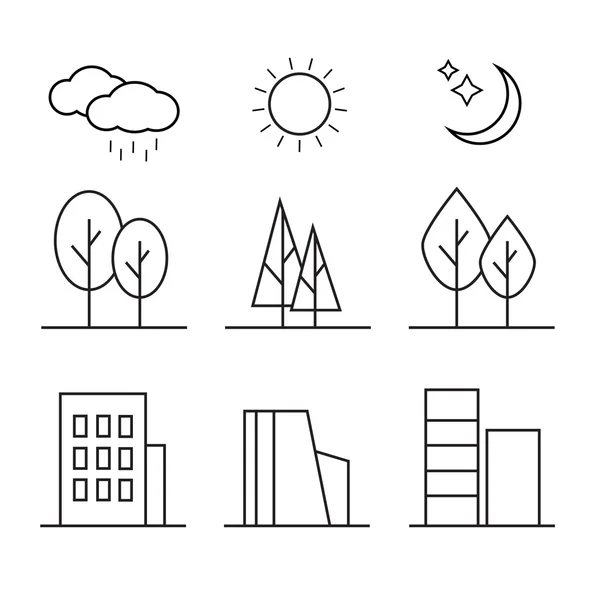 Set ikon vektor elemen lanskap linear. Garis pohon, bunga, semak, gelombang air, awan, batu, rumput, tanaman - Stok Vektor