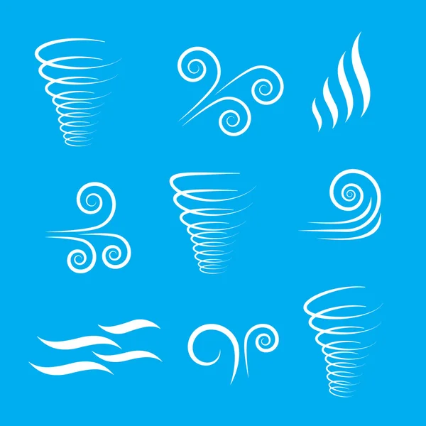 Rüzgar ikonları doğa, dalga akışı, serin hava, iklim ve hareket — Stok Vektör