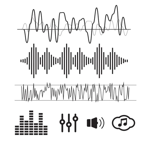 Formas de onda de sonido vectorial. Ondas de sonido e iconos musicales — Vector de stock