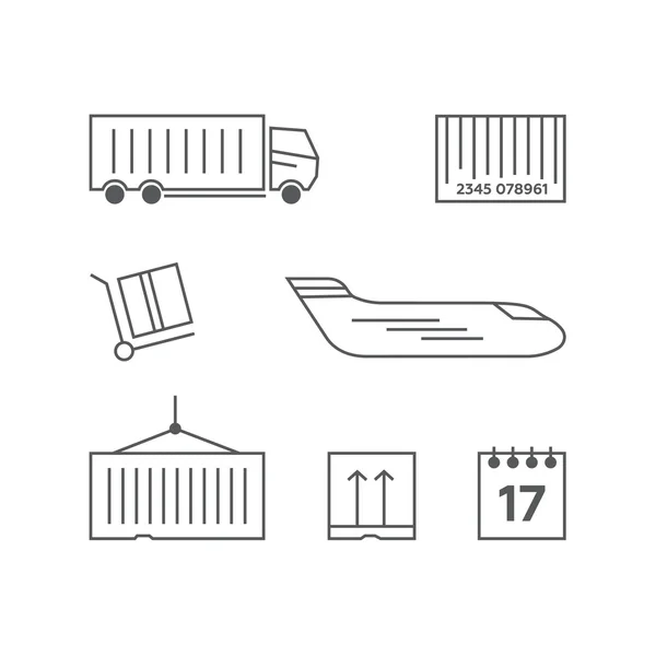 Logistyka linii Ikony Ustaw. Dostawy transport, kontener, ilustracji wektorowych — Wektor stockowy