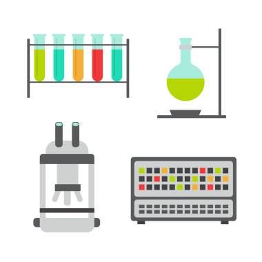 Biyoloji düz simgeler. Çalışma alanı ve bilim biyoloji labaratuar donanımları