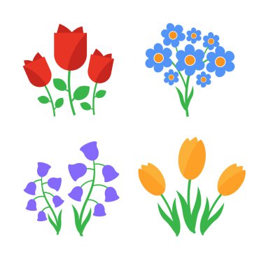 Bahar çiçekleri. Eğlenceli ve sevimli vektör bahar çiçekleri simgeleri