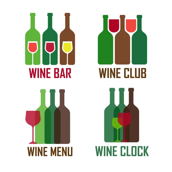 Набор логотипов винного магазина. Колофруктовые иконы с виноградной лозой, винные бутылки — стоковый вектор