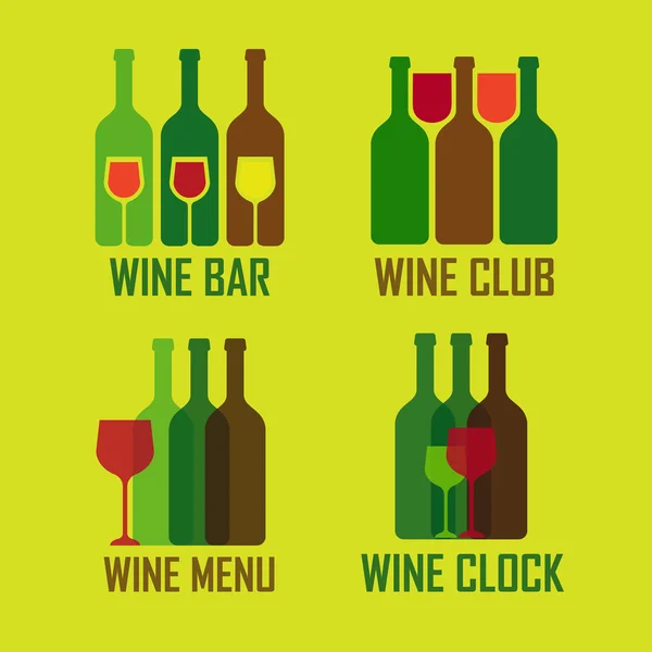 Wijnwinkel logo set. Colofrul pictogrammen met wijnstokken, wijn flessen in vlakke stijl — Stockvector