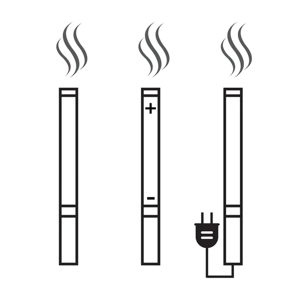 Vector de iconos de cigarrillo y cigarrillos electrónicos. Cigarrillo nicotina, y humo electrónico — Vector de stock