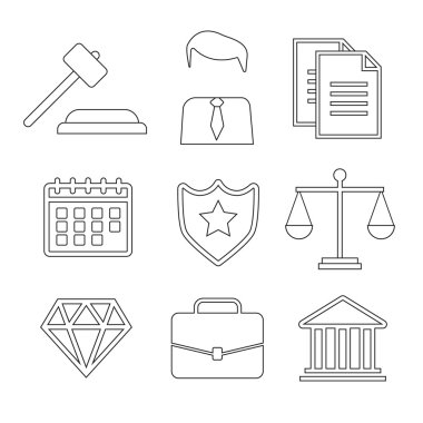 Hukuk ve adalet ince çizgi vektör simgeler. Yasal sistem, hakim, polis ve avukat vektör çizim