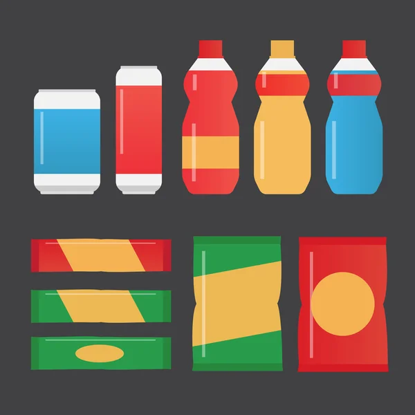 Snacks de comida rápida y bebidas iconos de vectores planos. Productos de máquinas expendedoras — Vector de stock