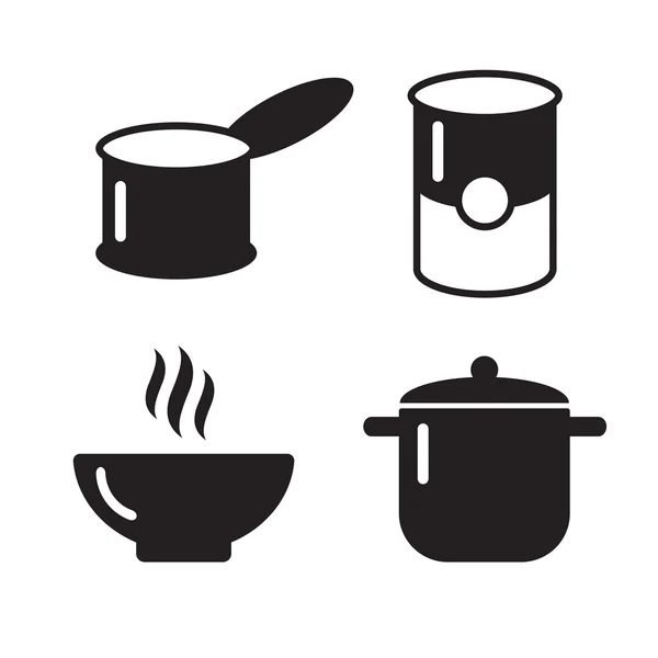 Bowl, can and pot black icons set. Soup symbols. Pot icon utensil bowl utensil, cook soup utensil — Stock Vector