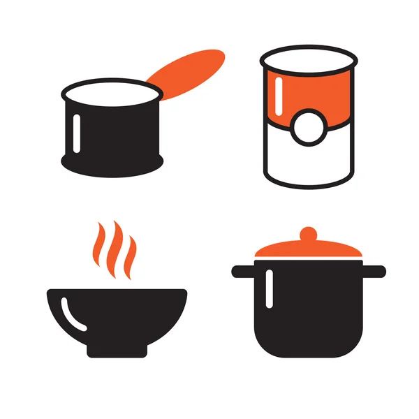 Bowl, can and pot black icons set. Soup symbols. Pot icon utensil bowl utensil, cook soup utensil — Stock Vector