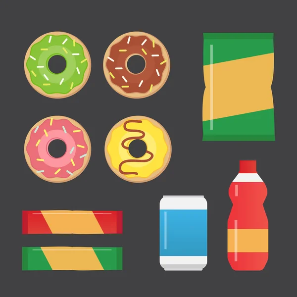 Snacks de comida rápida y bebidas iconos de vectores planos. Productos de máquinas expendedoras — Vector de stock