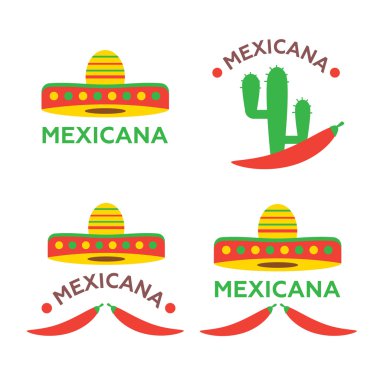 Meksika yemeği logo, etiketleri, amblem ve rozetleri küme. Fötr şapka ve Tekila şişesi, gitar öğesi, vektör çizim