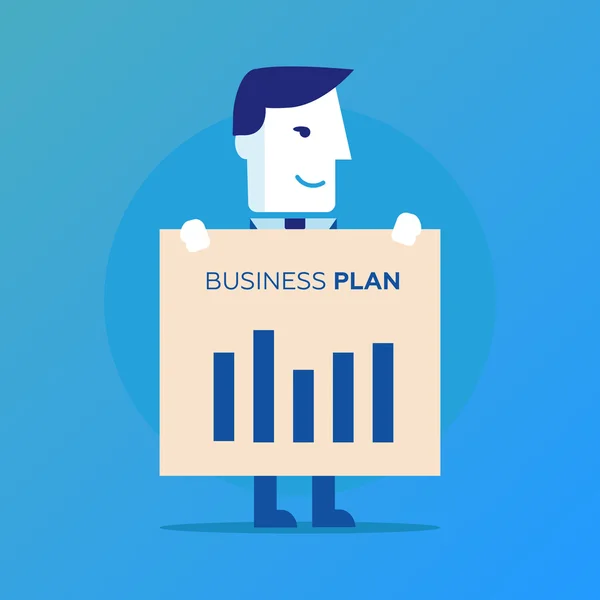 Empresario ilustración de plan de negocio. Un hombre de traje muestra un plan de negocios — Vector de stock