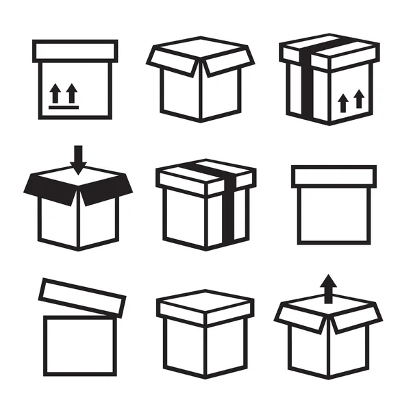 Conjunto de iconos vectoriales. Envase de caja de paquete, icono de caja de embalaje — Vector de stock