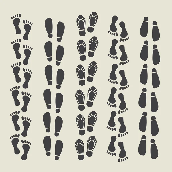 Schoenen opdrukken instellen. Voetafdruk en menselijke stap — Stockvector