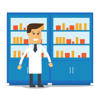 Bir eczane raflarında karşısında ve eczacı