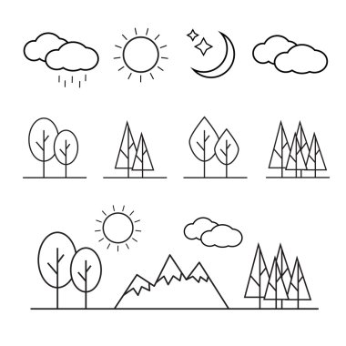 Doğa manzara ince çizgi öğeleri simgeler
