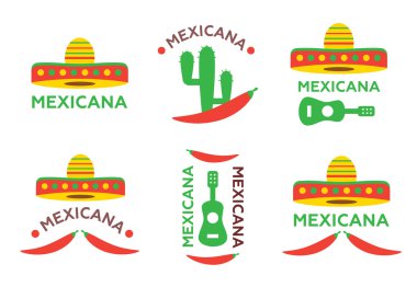 Meksika yemeği logo, etiketleri, amblem ve rozetleri küme. Fötr şapka ve tequila şişe gitar öğesi