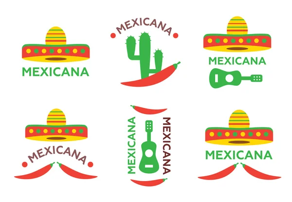 Logotipo de comida mexicana, etiquetas, emblemas e insignias. Botella sombrero y tequila, elemento guitarra — Vector de stock